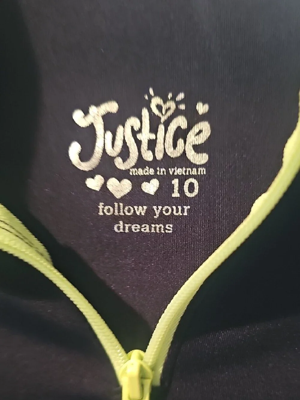 Justice Black Hoodie with Neon Yellow Zip and Rainbow Stripe Sleeves Size 10